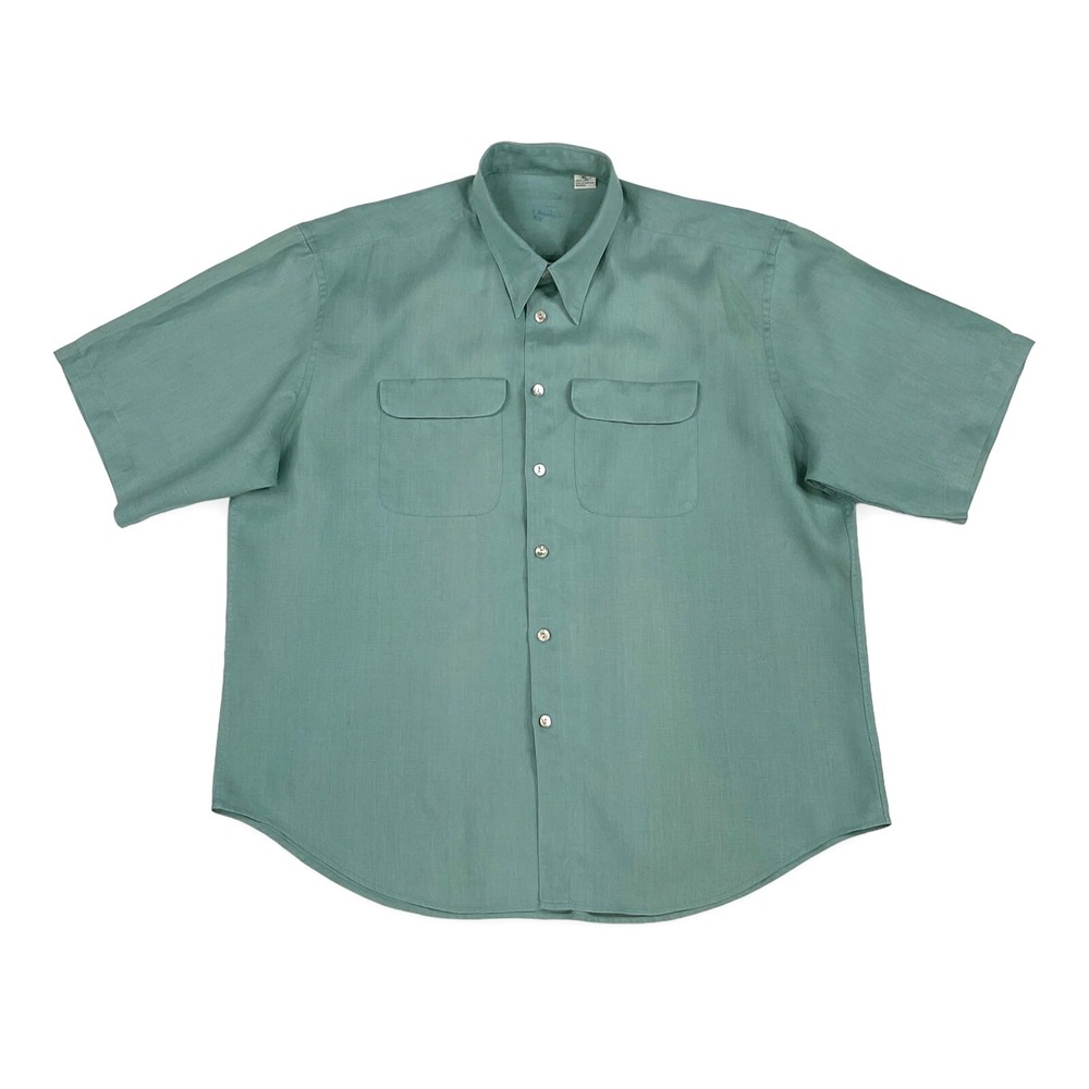 Barry Bricken Shirt Men XL Green Short Sleeve Button Down Linen Collar 90s